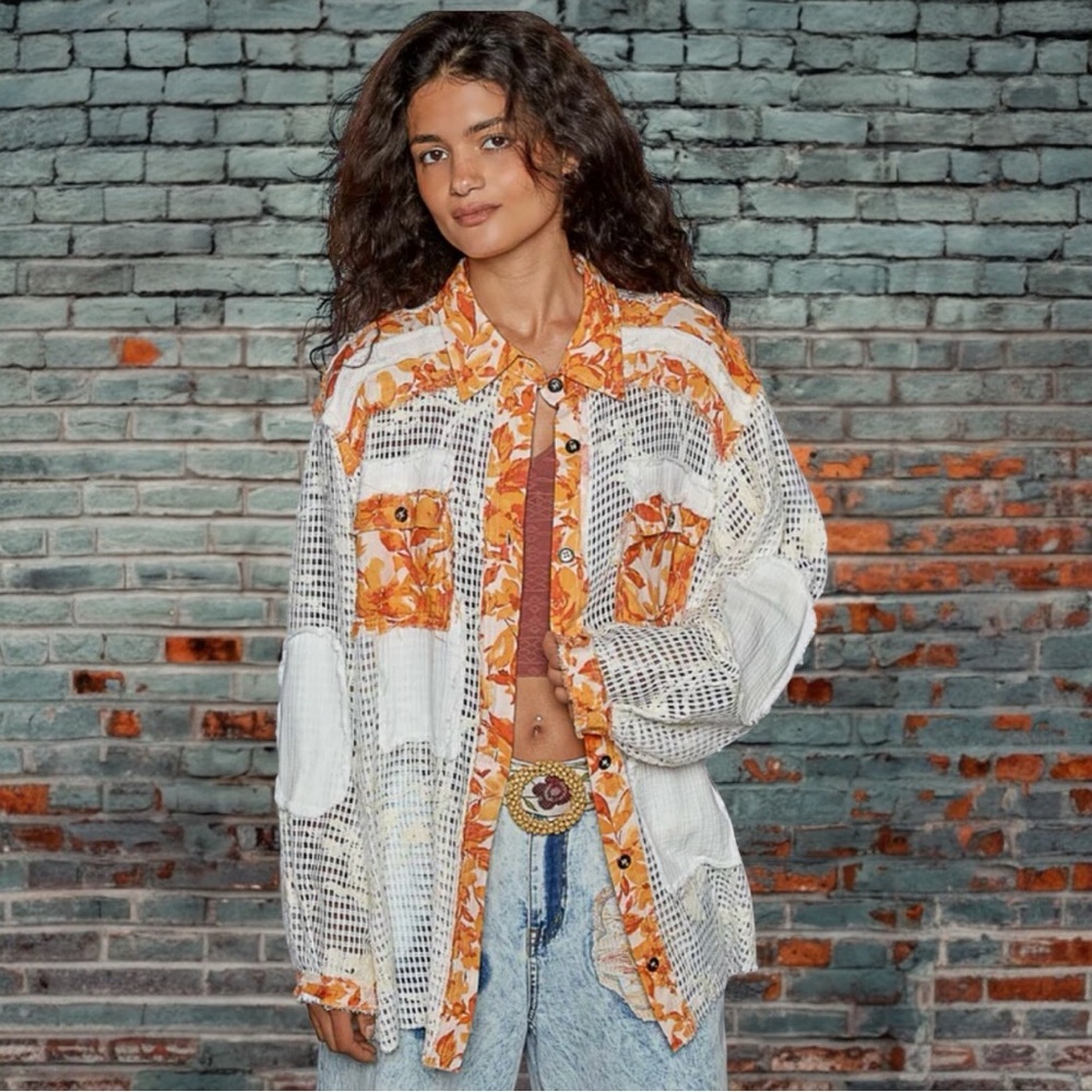 POL Autumn Boho Patchwork Button-Up Shacket Medium Only